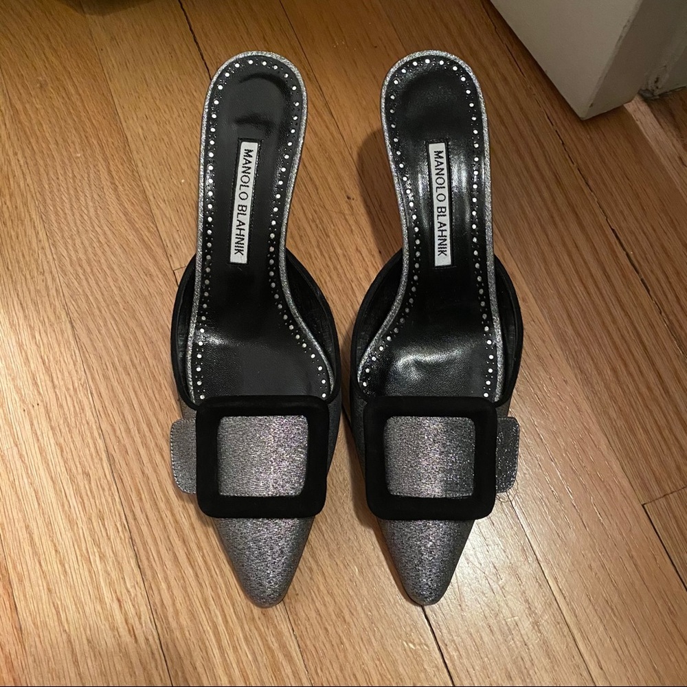 Manolo Blahnik Black and Silver Mules